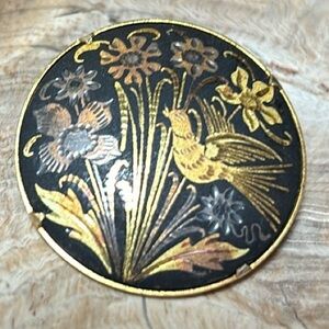 Damascene Bird Floral Gold Inlay Round Brooch 1.5” Spain Trombone Clasp 1940